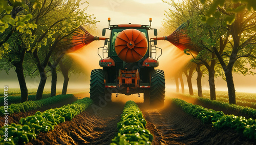 Back view of an agricultural vehicle using a huge sprayer fan to cultivate and apply fertiliser and pesticides to hazel trees. photo