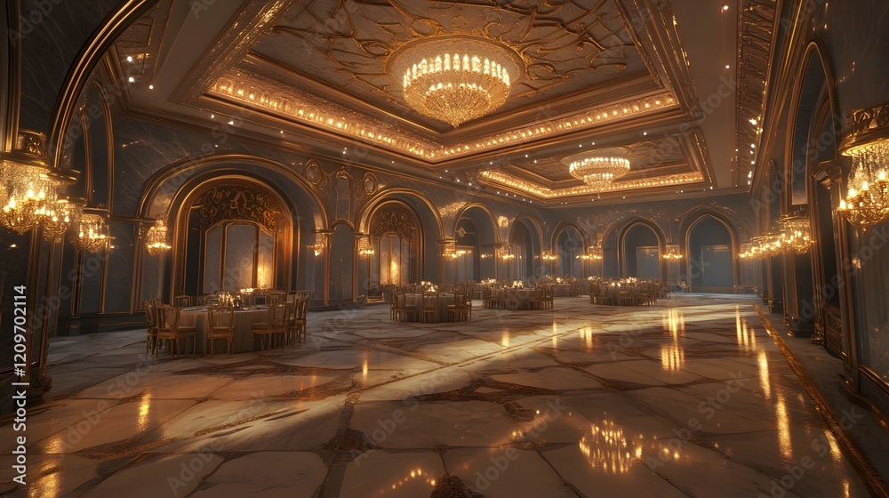 Obraz premium Luxurious banquet hall with ornate ceilings, polished marble flooring, and glowing chandeliers. Perfect for formal dinners and receptions.