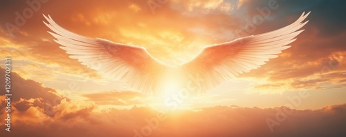 Abstract view of angel wings flying in the sky in front of majestic sunset, religion and salvation concepts