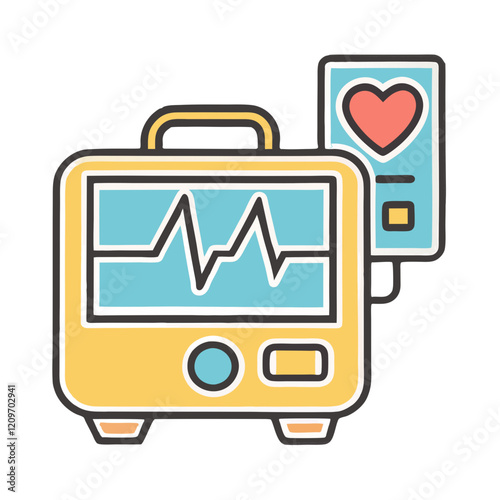 Abstract defibrillator icon with heart and heartbeat symbol in yellow and teal