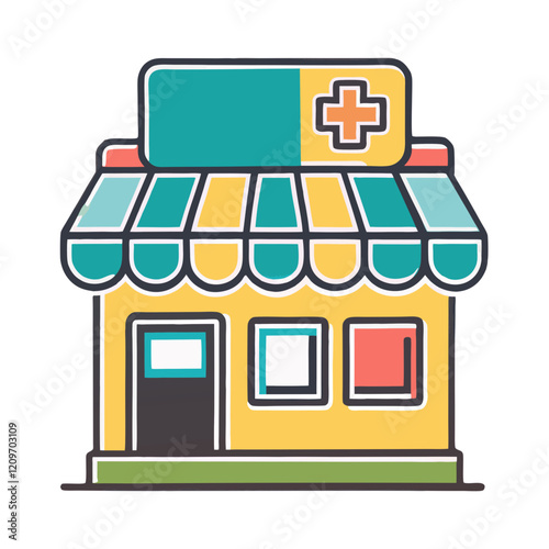 Abstract pharmacy store icon in yellow, teal, and red