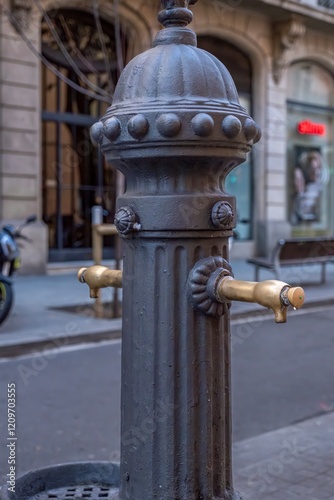 Obraz na płótnie Historic Cast Iron Street Fountain with Ornate Details. Traditional Water Source in Barcelona's Urban Landscape (Barcelona, Catalonia) w salonie