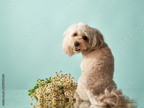 A fluffy dog sits beside a vase of dried flowers, blending beautifully with the rustic aesthetic. The second sentence brings out the serene and photogenic qualities of the scene. photo