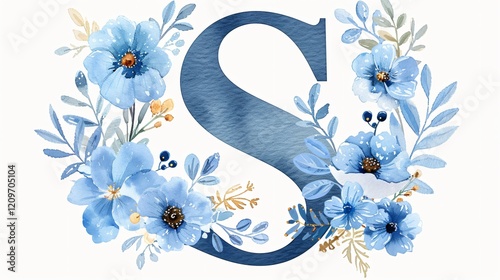 Elegant Floral Alphabet Letter S Watercolor Navy Blue Flow