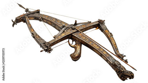 A medieval crossbow with intricate carvings and metalwork, isolated on aTransparent background, PNG file to emphasize its engineering and historical use.
