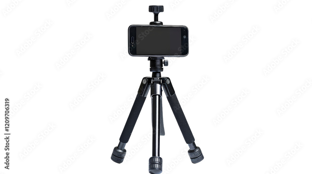 A portable and adjustable tripod with a smartphone mount, displayed against a cleanTransparent background, PNG file . The tripod features adjustable legs and a clip for easy phone attachment. A portable and adjustable tripod with a smartphone mount, displayed against a cleanTransparent background, PNG file . The tripod features adjustable legs and a clip for easy phone attachment.