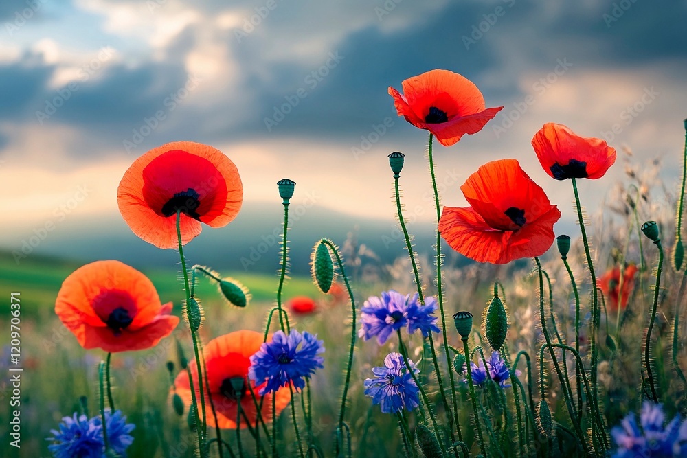 Obraz premium Vibrant wildflowers bloom under a colorful sky at sunset in a serene meadow