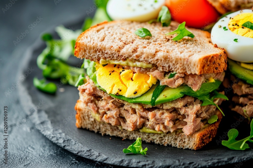 Delicious tuna sandwich layered with fresh ingredients on a black slate plate Delicious tuna sandwich layered with fresh ingredients on a black slate plate