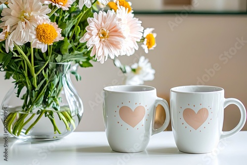 Wallpaper Mural Two coffee mugs with heart designs placed on a white table beside a vase of fresh flowers. Torontodigital.ca