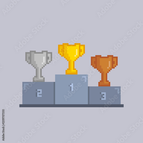 pixel illustration of gold, silver and bronze trophies on the podium