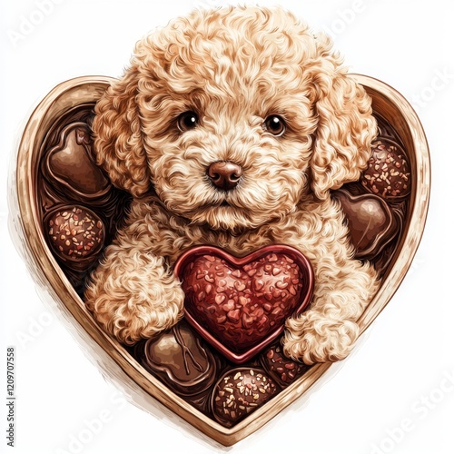 Adorable Toy Poodle Puppy in Heart Shaped Box of Chocolates Valentine s Day Gift photo