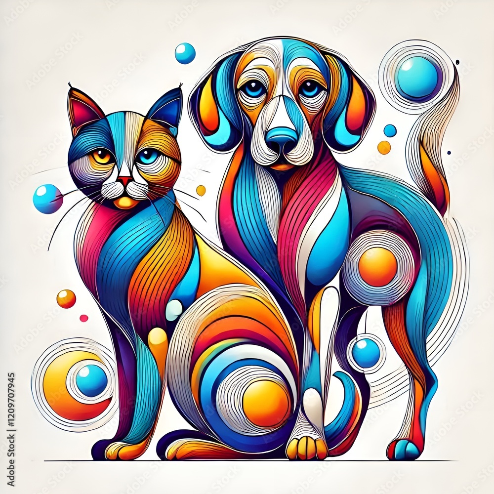 Fototapeta premium Abstract illustration of a cat and dog, colorful swirls, vibrant design 