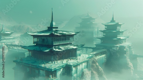 Mystical Jade Green Mountain Kingdom with Floating Pagodas and Fantastical Architecture photo