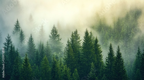 Misty Morning in a Coniferous Forest