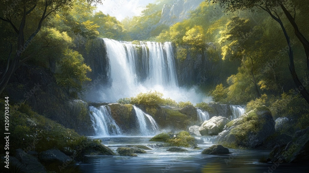 Obraz premium Tranquil Waterfall in Lush Greenery