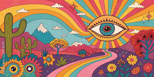 A Psychedelic Retro Cool Digital Artwork Featuring Colorful Designs