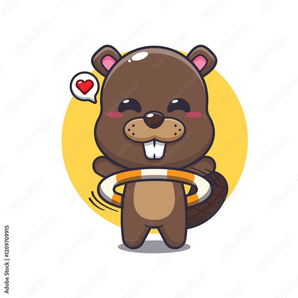 Fototapeta premium beaver mascot cartoon character vector illustration playing hula hoop.