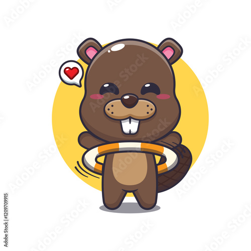 beaver mascot cartoon character vector illustration playing hula hoop.