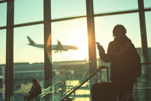 A man with a suitcase is at an airport watching an airplane take off
