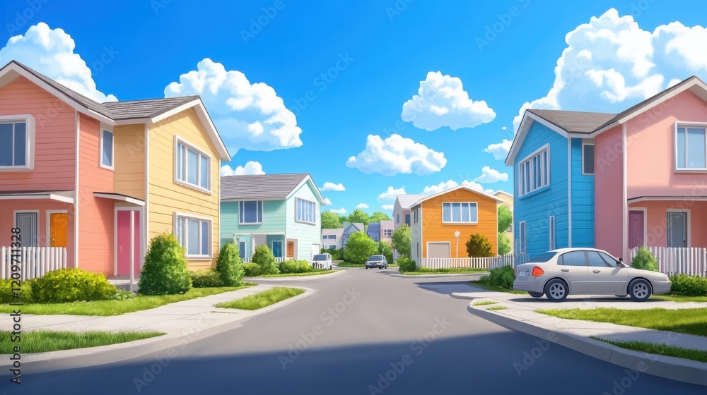 A low-rise block of flats with pastel-colored walls, surrounded by a quiet suburban neighborhood A low-rise block of flats with pastel-colored walls, surrounded by a quiet suburban neighborhood