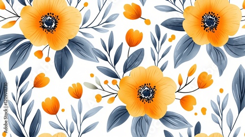 Fototapeta Naklejka Na Ścianę i Meble -  Orange floral pattern with blue leaves on white background artistic design for fabric print
