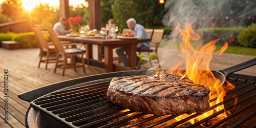 Grilled Steak on a Barbecue with Family and Friends