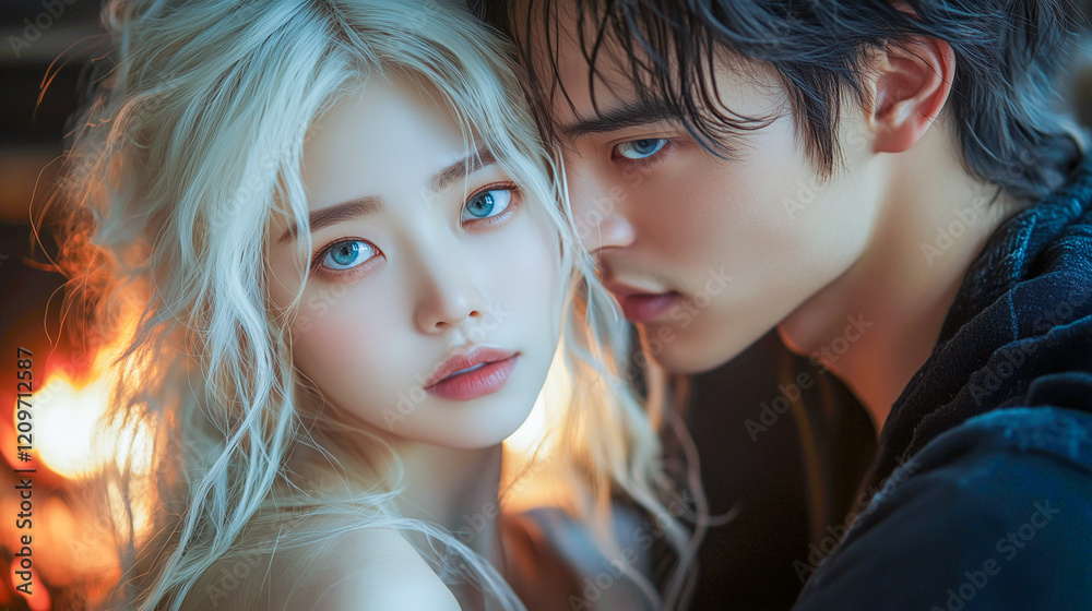 Romantic couple embraces in warm glow near a fire, capturing an intimate moment in a cozy setting Romantic couple embraces in warm glow near a fire, capturing an intimate moment in a cozy setting