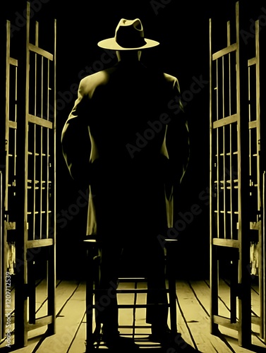 Mysterious man in fedora, back view, standing in doorway.