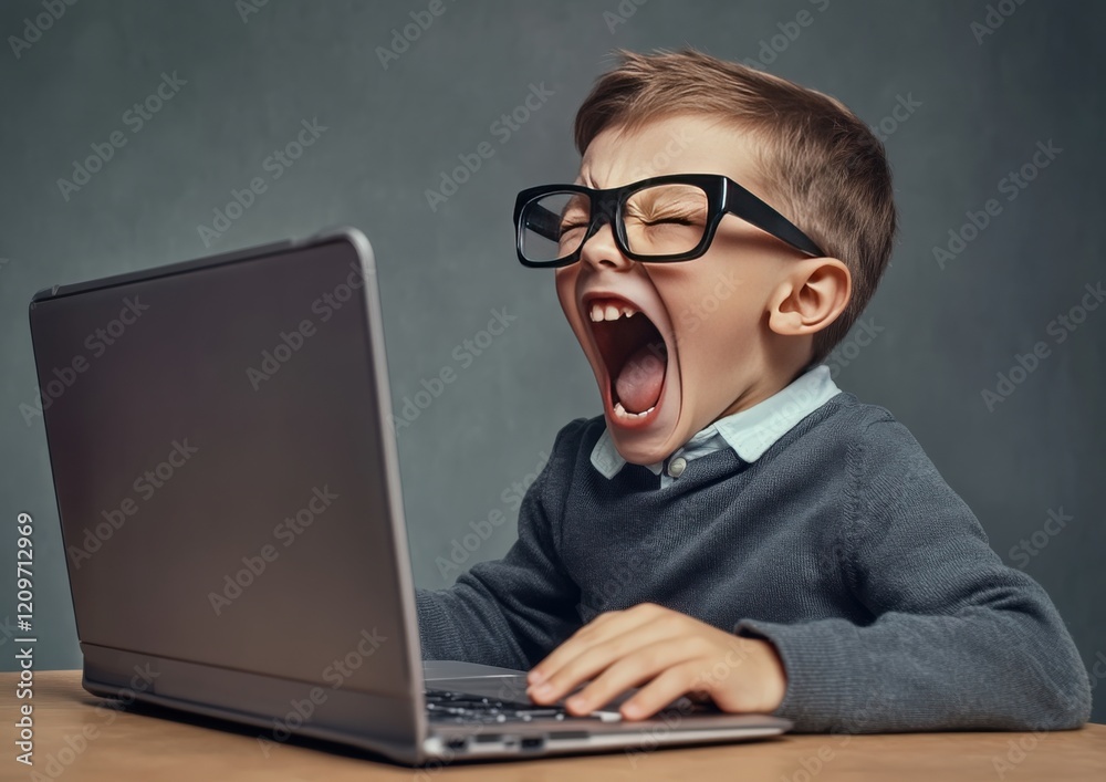 A young boy in glasses yawns while using a laptop A young boy in glasses yawns while using a laptop