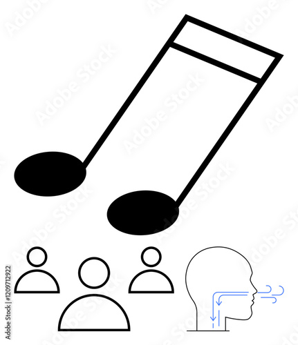 Oversized musical note with head diagram showing breath flow, alongside human group icons. Ideal for music education, vocal training, teamwork, creativity, communication, teaching concepts, abstract