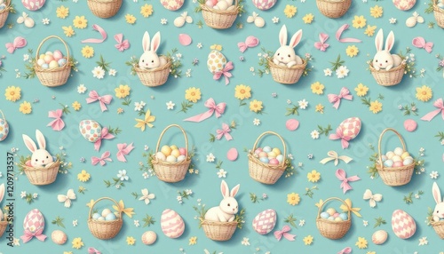 Whimsical easter pattern with bunnies, eggs, and flowers