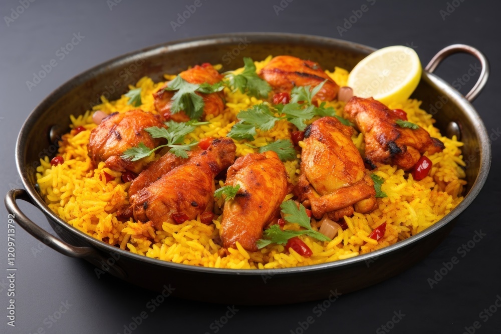 Tandoori chicken with yellow rice on pan paella food meat Tandoori chicken with yellow rice on pan paella food meat