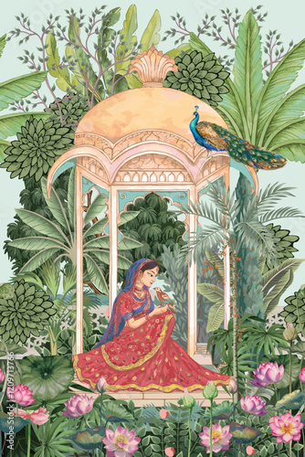 Mughal garden with a seated queen, lotus flower, plant, temple, palace, bird, peacock seamless pattern illustration