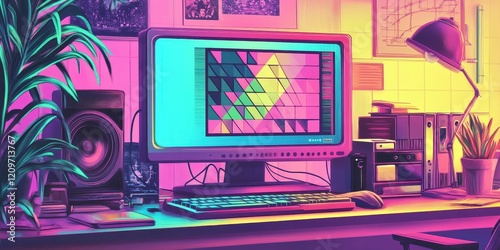 Retro Eighties Computer Workstation Neon Color Scheme photo