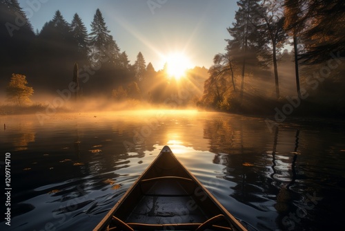 Kayaking through a foggy forest river  an unforgettable adventure in nature s serene beauty photo