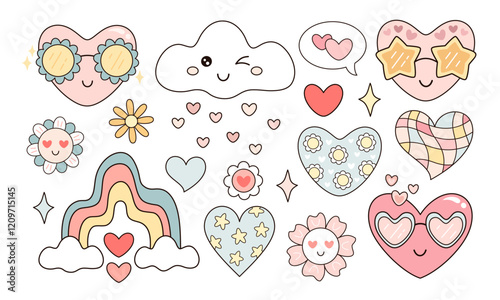 Retro Valentine clipart. Groovy Valentines day clipart. Valentine hearts, rainbow, flowers in cartoon flat style. Hand draw vector illustration