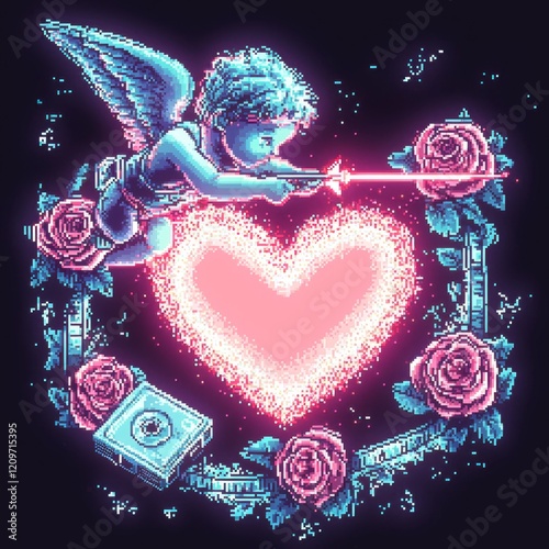 Pixel Art Cupid Shooting Heart Valentine s Day Neon Retro Love Illustration photo