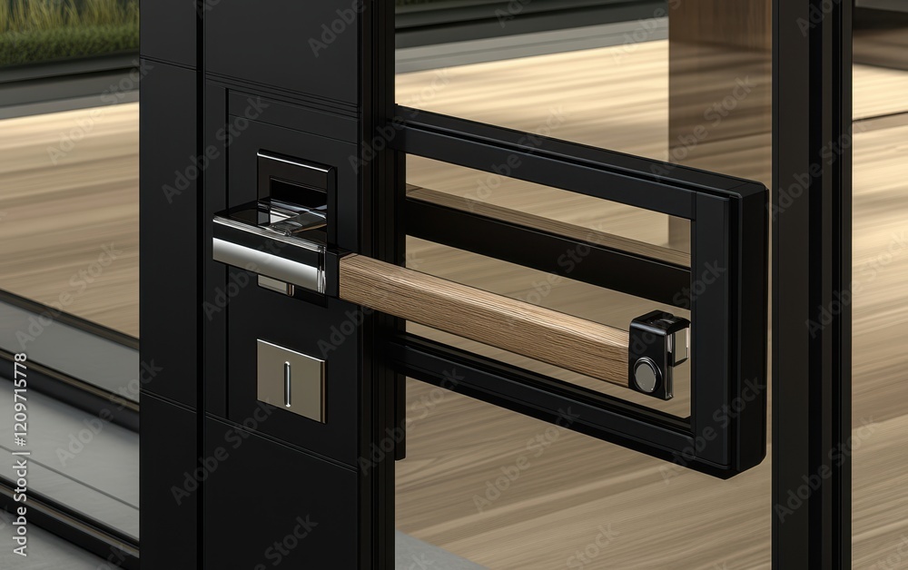 A detailed close-up view of a door featuring a prominent handle, showcasing texture and design elements in focus. A detailed close-up view of a door featuring a prominent handle, showcasing texture and design elements in focus.