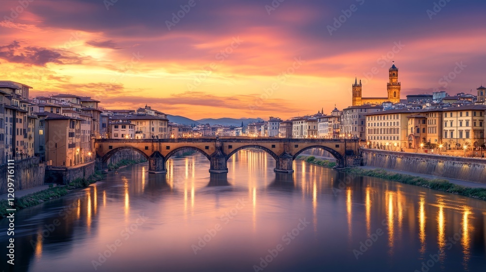 Obraz premium Ancient cityscape with stone buildings and a river at dusk, soft warm light, peaceful and tranquil, highly detailed, timeless and majestic atmosphere