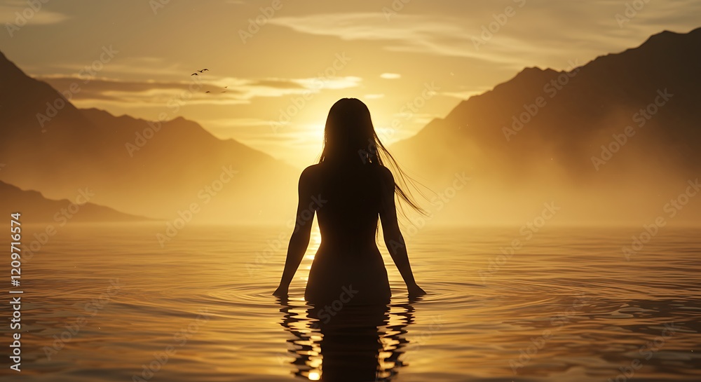 Fototapeta premium Enigmatic mermaid silhouette at sunset by the ocean