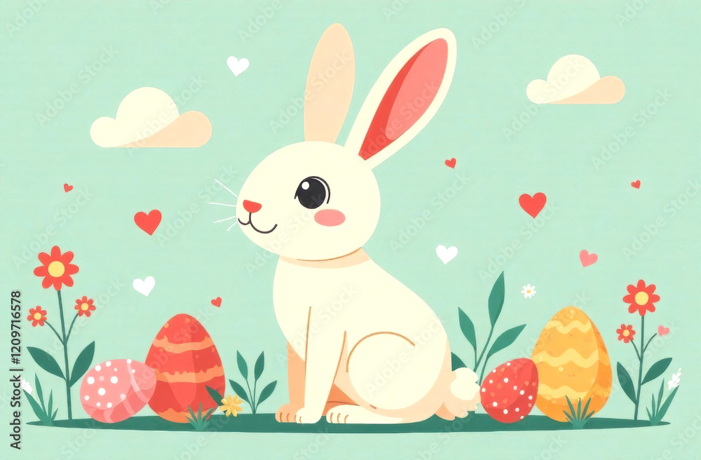 Easter Bunny. Postcard with cute bunny, Easter eggs and flowers. Easter Bunny. Postcard with cute bunny, Easter eggs and flowers.