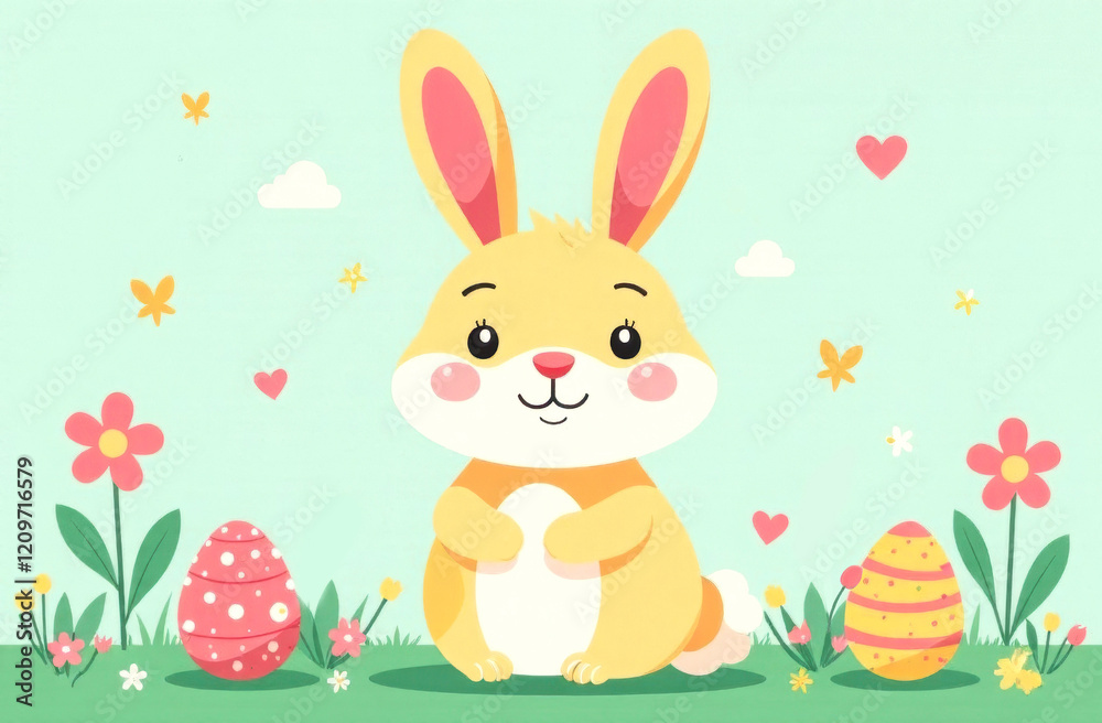 Easter Bunny. Postcard with cute bunny, Easter eggs and flowers. Easter Bunny. Postcard with cute bunny, Easter eggs and flowers.