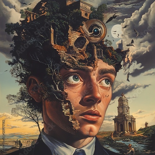 Surreal Mind Landscape: A Man's Head Transformed into Ancient Ruins and Lush Nature