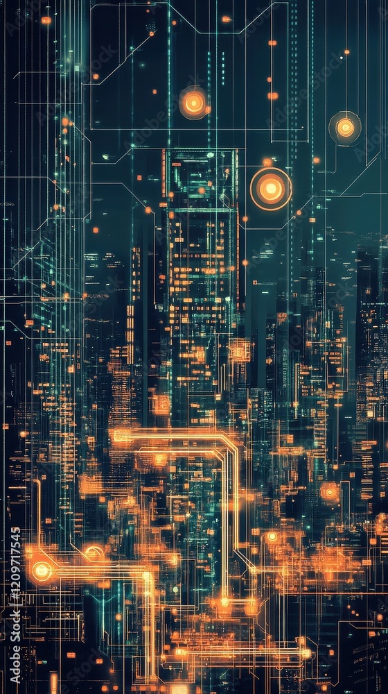 Futuristic Cityscape Integrated With Circuitry Design Futuristic Cityscape Integrated With Circuitry Design