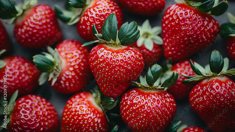 A vibrant close-up of ripe strawberries with glossy red skin and green leafy tops, tightly packed to fill the frame, showcasing their freshness and texture under natural light. A vibrant close-up of ripe strawberries with glossy red skin and green leafy tops, tightly packed to fill the frame, showcasing their freshness and texture under natural light.