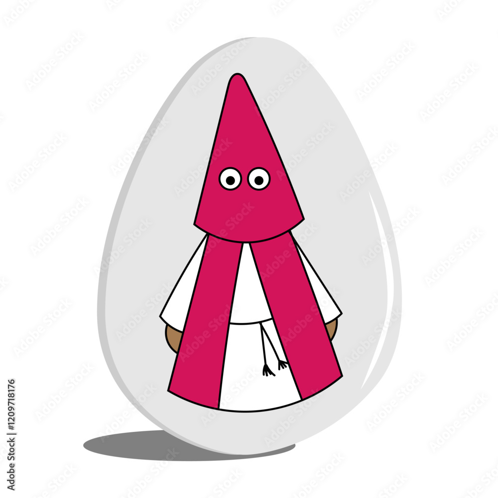 El huevo de Pascua con el penitente de la túnica blanca con capirucho y la capa de raso rojo. Semana Santa.