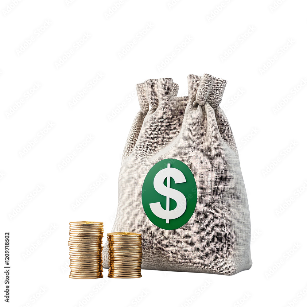 A cloth money bag filled with coins symbolizes savings and wealth. Ideal for topics related to finance, investment, or budgeting, highlighting the importance of saving money.