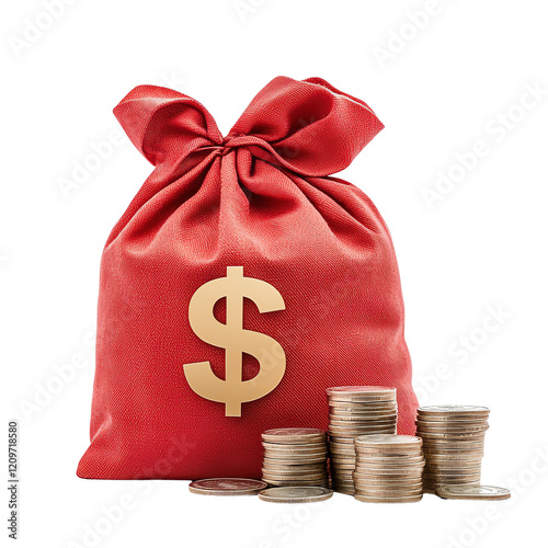 A red money bag filled with coins, symbolizing wealth and finance. Ideal for concepts related to savings, investment, and financial growth, perfect for business-oriented visuals. photo