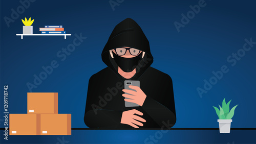 Edit Files 19aHacker Illustration with a Hooded Figure and Cybersecurity Elements in a Dark and Mysterious Setting