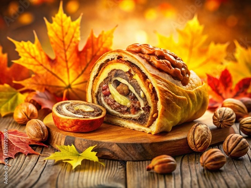 Slovenian Potica Walnut Roll Double Exposure - Sweet Pastry & Autumn Leaves photo